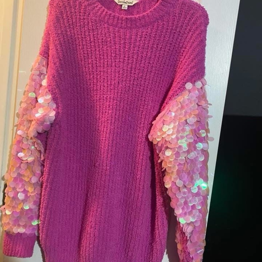 Dani and Davi Fuchsia Sweater with Sequin Sleeves